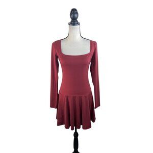 Reformation Coen Long Sleeve Square-Neck Mini Dress Red  Flowy Fit S
